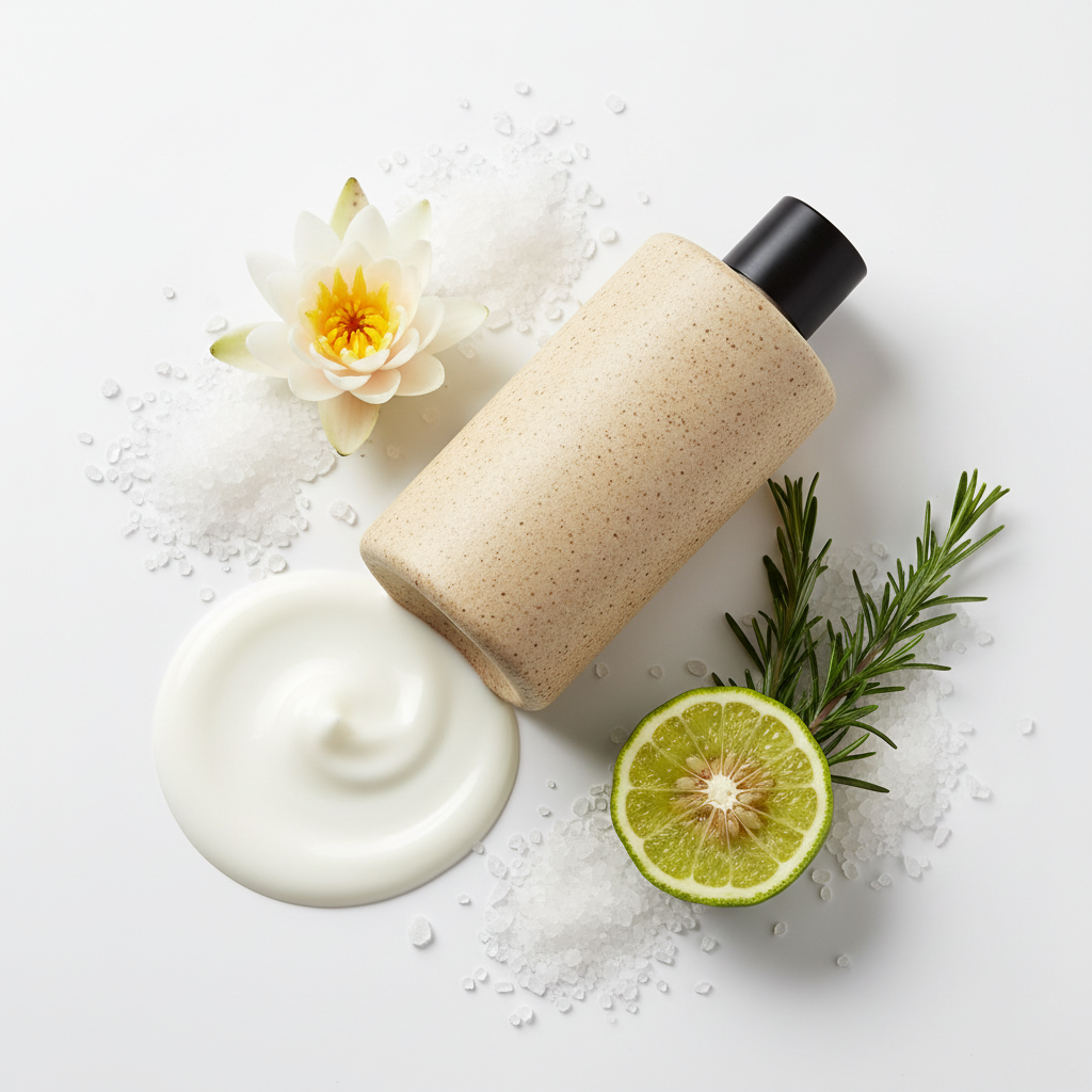 Coastal Theory Body Lotion bottle on its side with lotion and sea salt, water lily, bergamot props