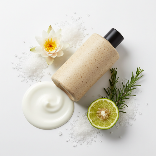 Coastal Theory Body Lotion bottle on its side with lotion and sea salt, water lily, bergamot props