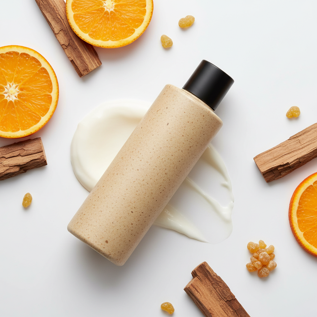Rooted Joy Body Lotion bottle on its side with lotion and orange, cedarwood, frankincense props