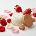 Suga' in the Air Butter Balm in a clear glass jar with strawberry, raspberry, banana, rose and caramel props