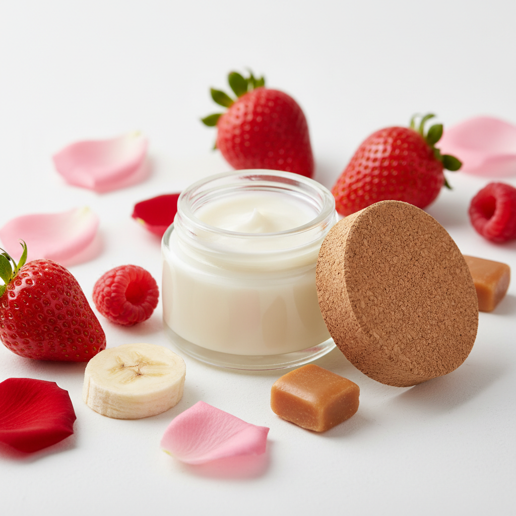 Suga' in the Air Butter Balm in a clear glass jar with strawberry, raspberry, banana, rose and caramel props