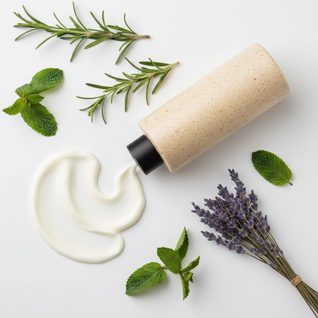 Rosemary Retreat Body Lotion bottle on its side with lotion and rosemary, peppermint, lavender props