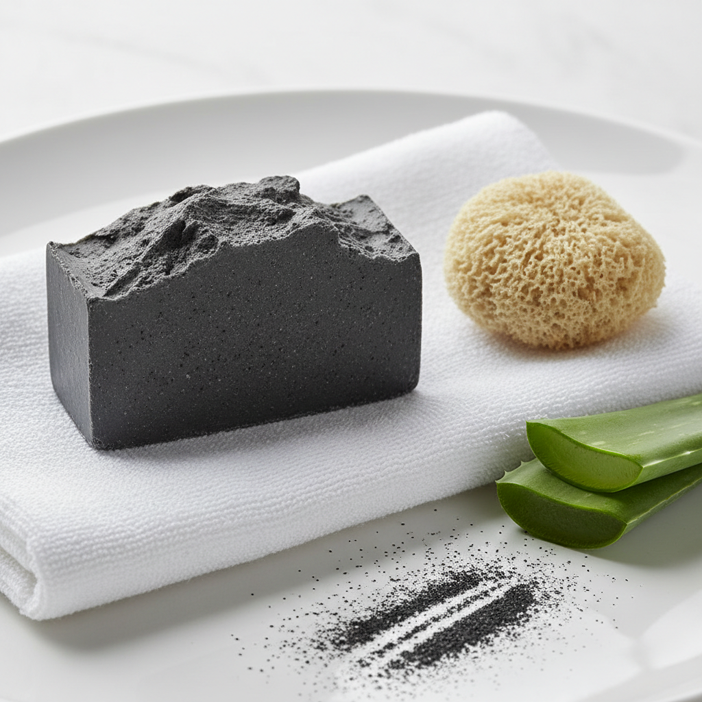 Charcoal & Aloe Beauty Bar - dark charcoal soap bar with aloe and sponge