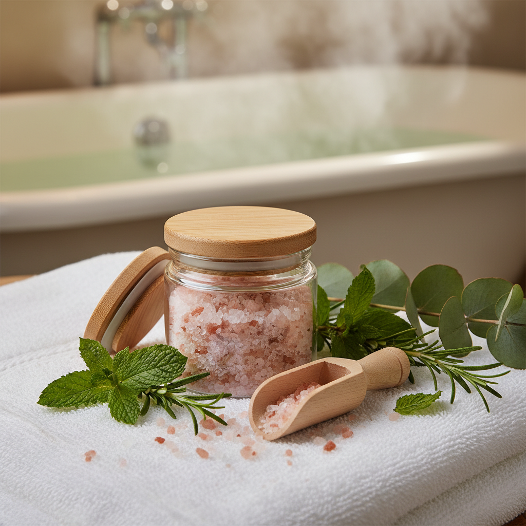 Muscle Ease Magnesium Soak - glass jar with wooden scoop, peppermint, rosemary and towel