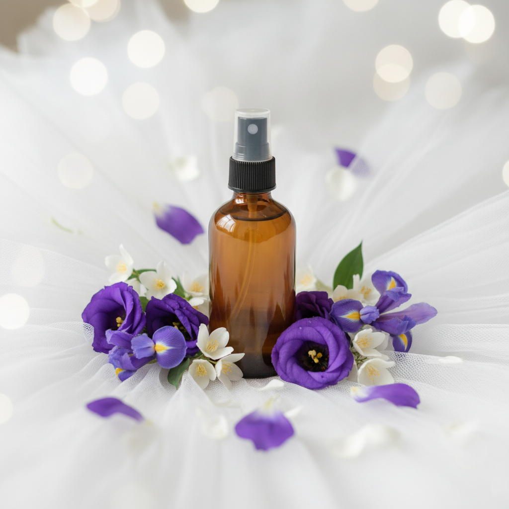 Wedding Day Room Mist - amber bottle on white tulle with purple violets and jasmine blooms