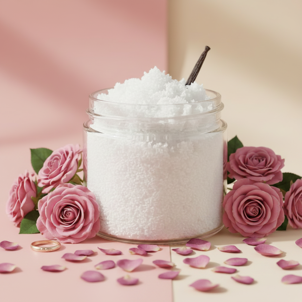I Am Woman Body Scrub Travel Size with pink roses and gold ring props
