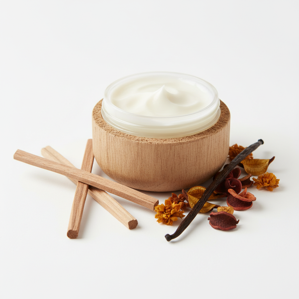 Sandalwood Body Butter Balm in open rice husk jar with sandalwood sticks and vanilla bean