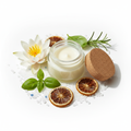 Coastal Theory Butter Balm in a clear glass jar with sea salt, water lily, bergamot, basil and rosemary props