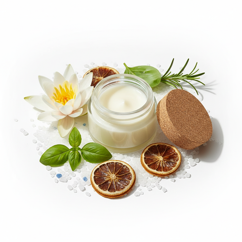 Coastal Theory Butter Balm in a clear glass jar with sea salt, water lily, bergamot, basil and rosemary props