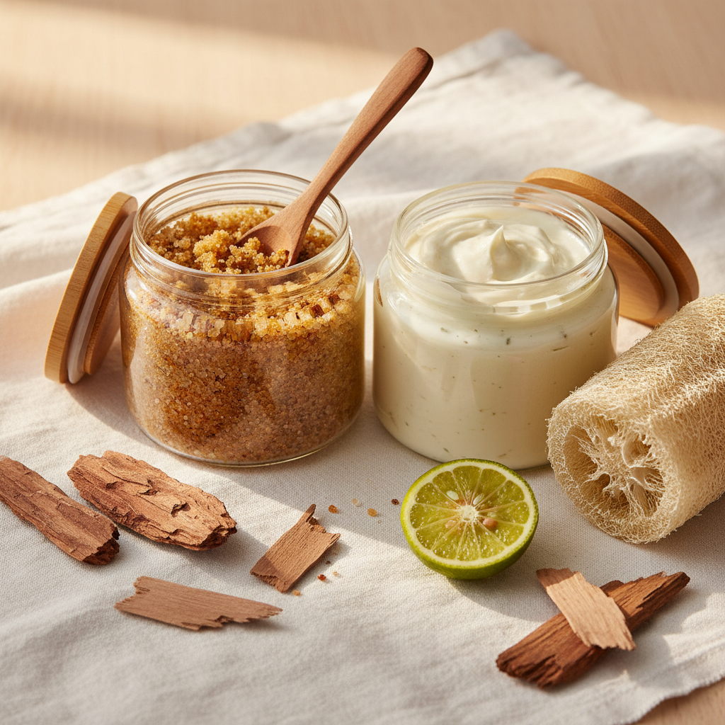 Sacred Grove Foot Ritual — glass jars with wooden lids, cedarwood, sandalwood and bergamot props on white linen