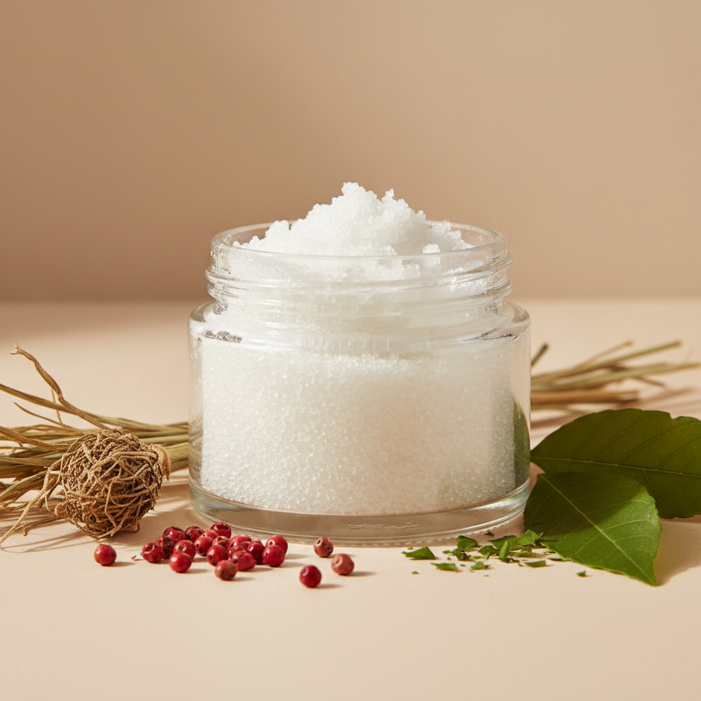 Whiskey Sage Body Scrub Travel Size in a clear 2oz jar with no label, with vetiver, pink peppercorns and patchouli props