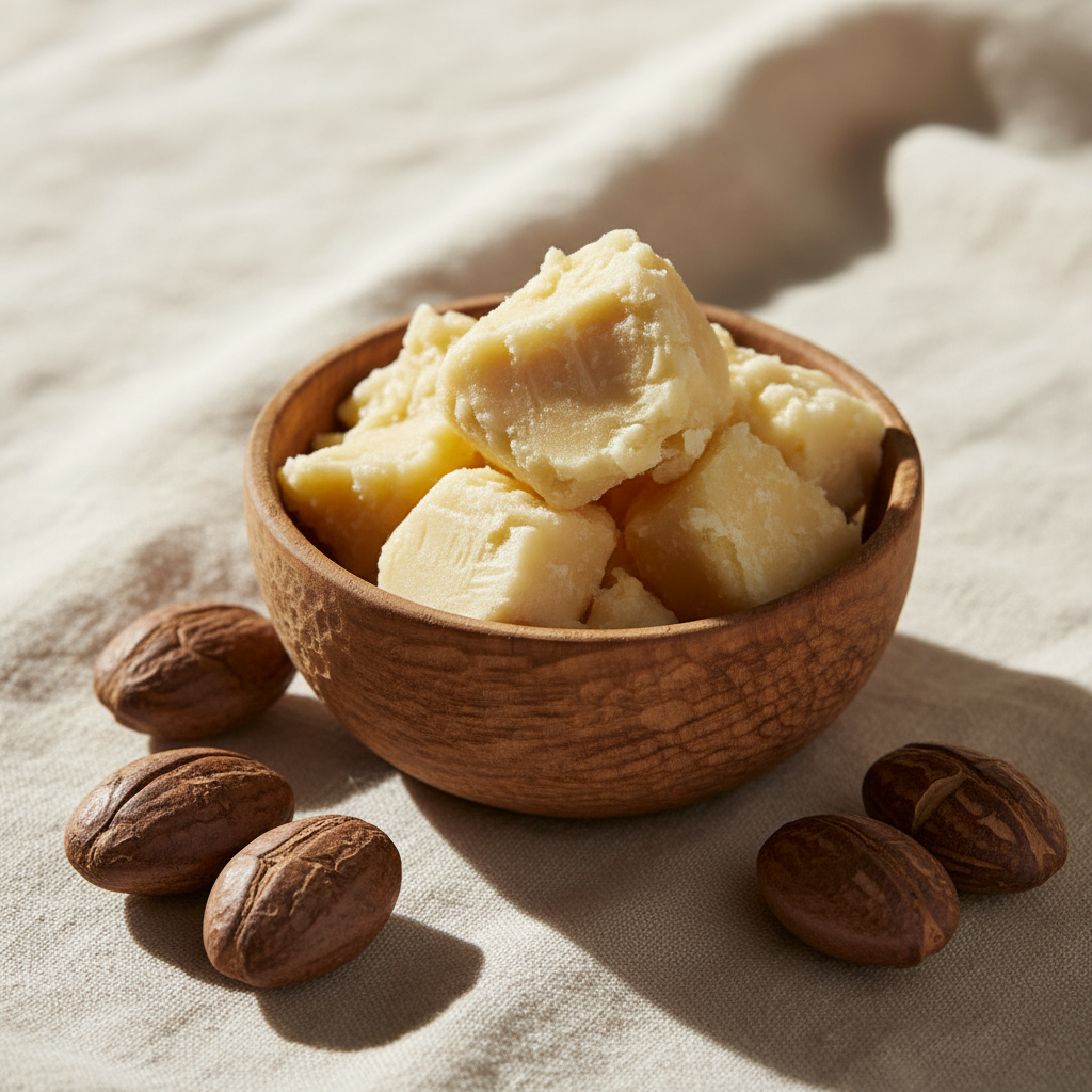 Naked Shea Body Butter Balm with raw shea butter on a rustic wooden dish