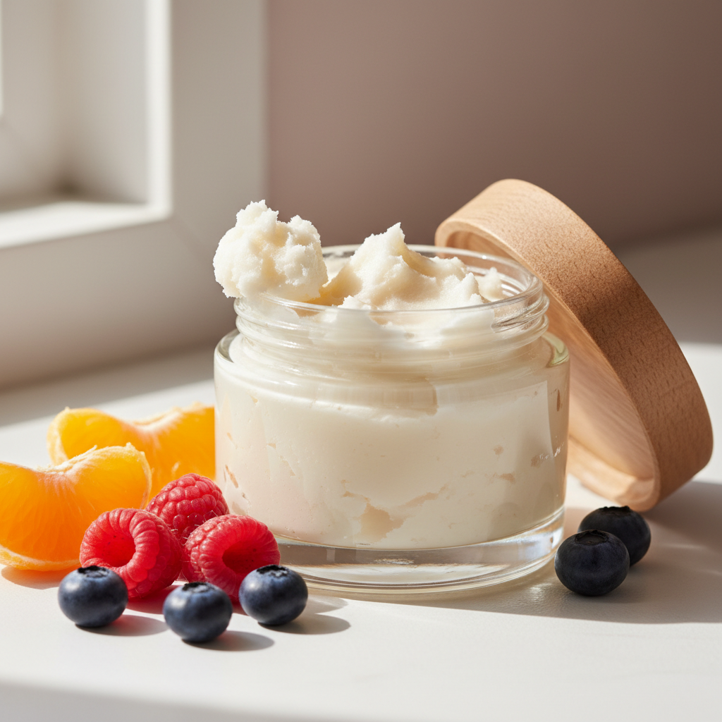 Embrace Foot Butter in open glass jar with wooden lid, thick whipped shea butter texture, mandarin, raspberry and blueberry props