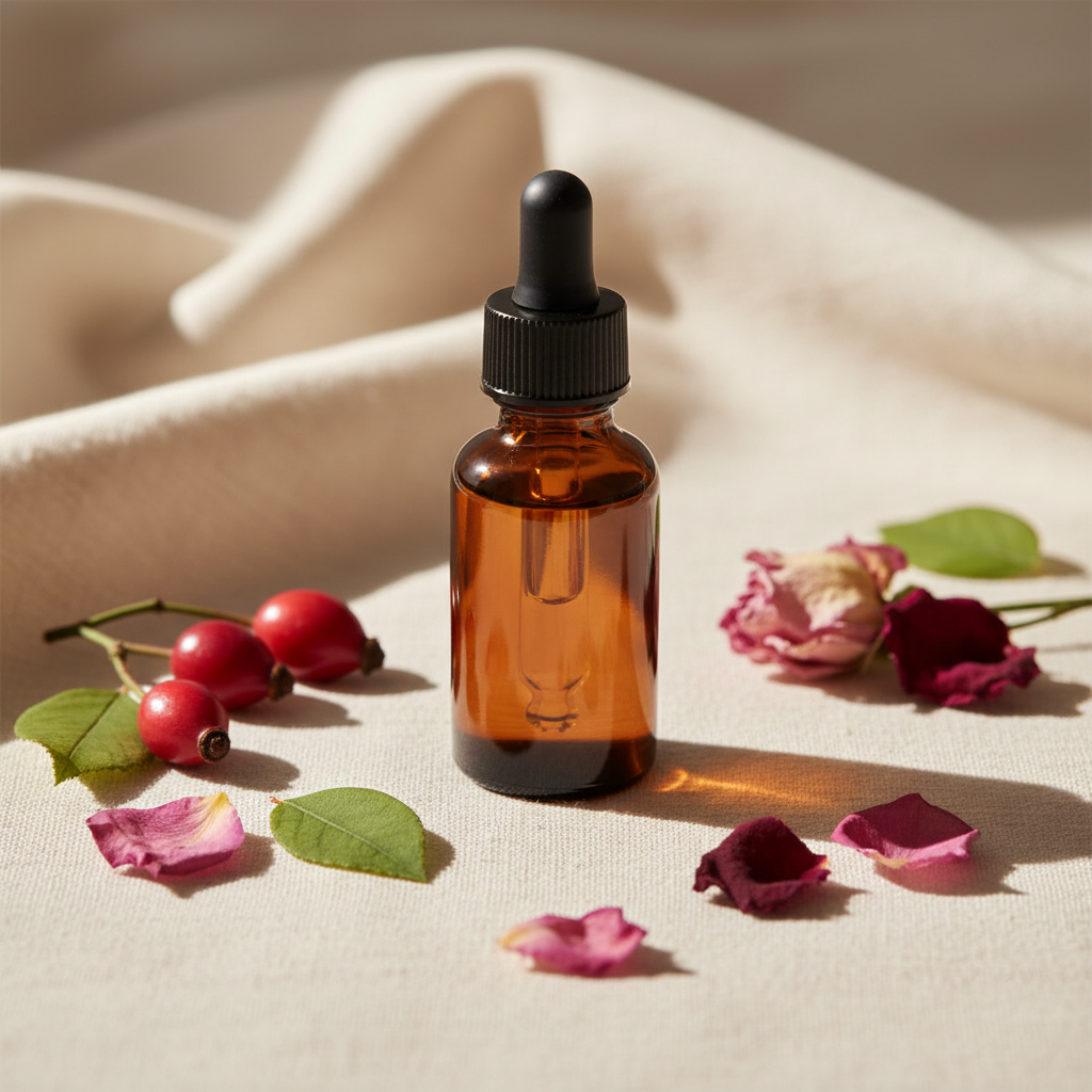 Timeless Rose Face Serum amber glass dropper bottle with rose petals and botanicals
