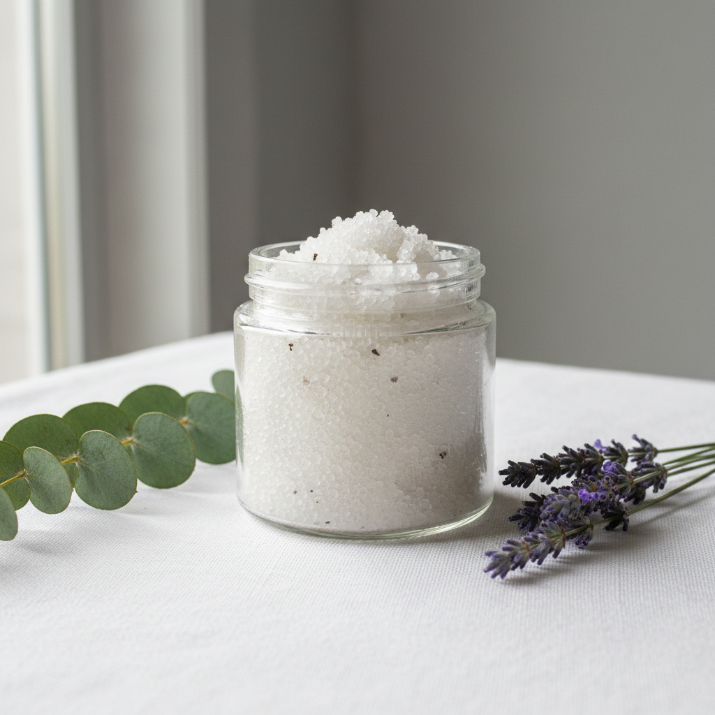 Exhale & Unwind Body Scrub Travel Size in a clear 2oz jar with no label, with eucalyptus and lavender props