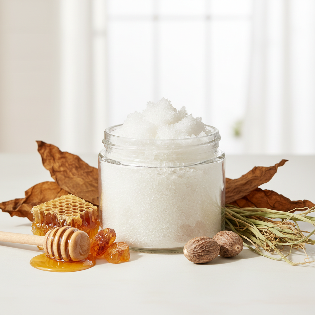 Smoked Honey Body Scrub Travel Size in a clear 2oz jar with no label, with honeycomb, tobacco, amber, nutmeg and vetiver props