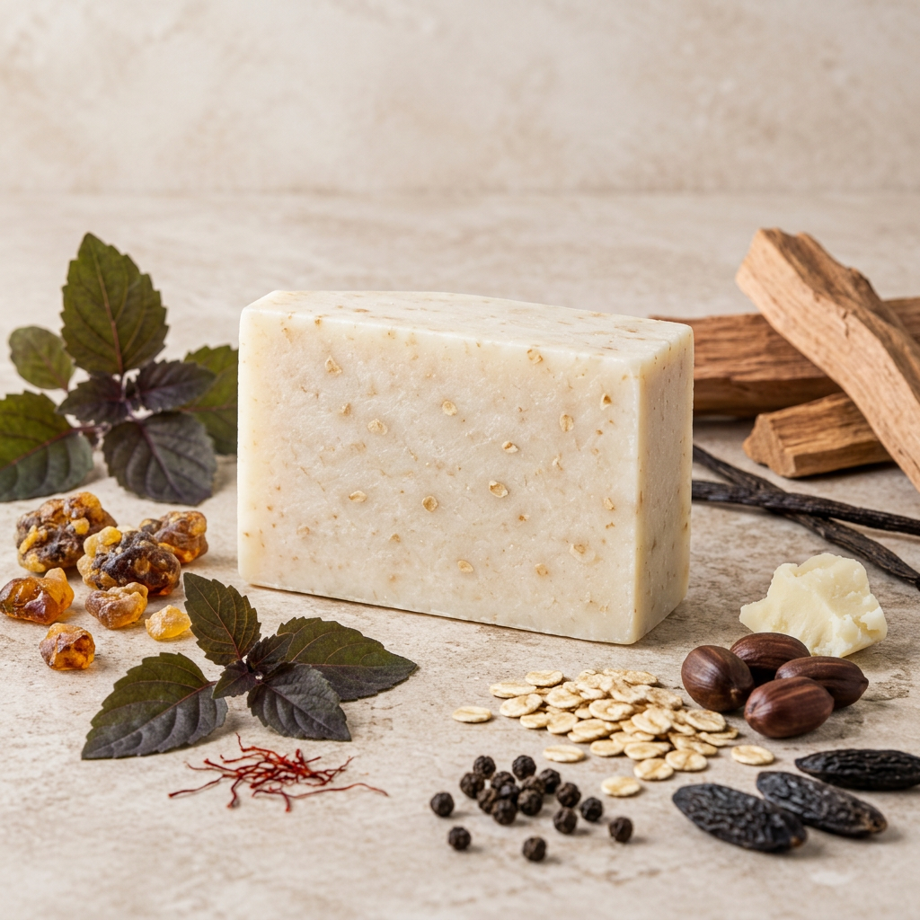 Sinful Allure oatmeal and shea butter body bar with warm scent-note props